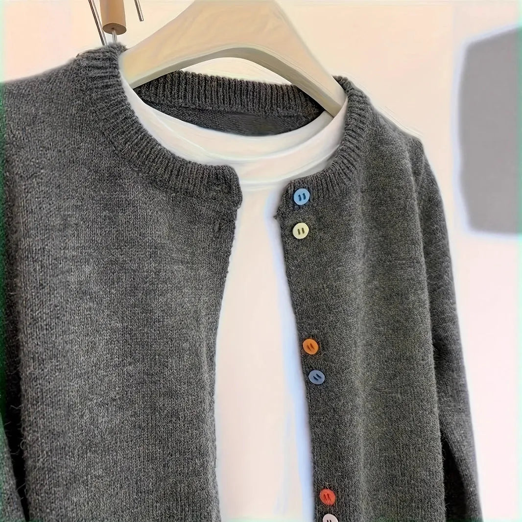 Dark grey women's polyester cardigan with long sleeves and button front.