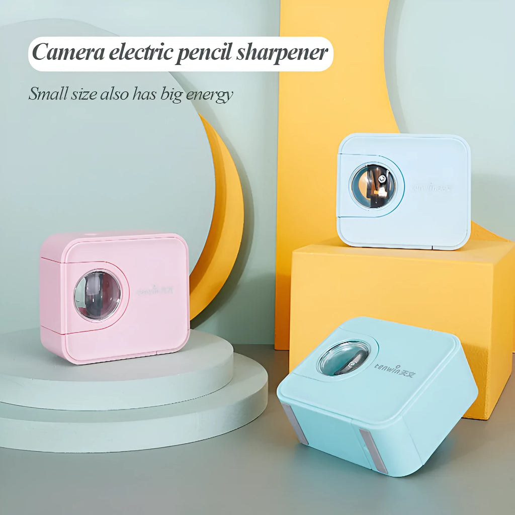 Children's electric pencil sharpener, camera design, 8.2cm x 3.3cm x 7cm, in blue, pink, green, or black