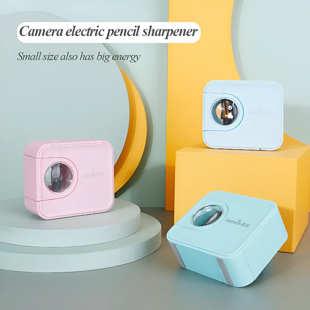 Children's electric pencil sharpener, camera design, 8.2cm x 3.3cm x 7cm, in blue, pink, green, or black