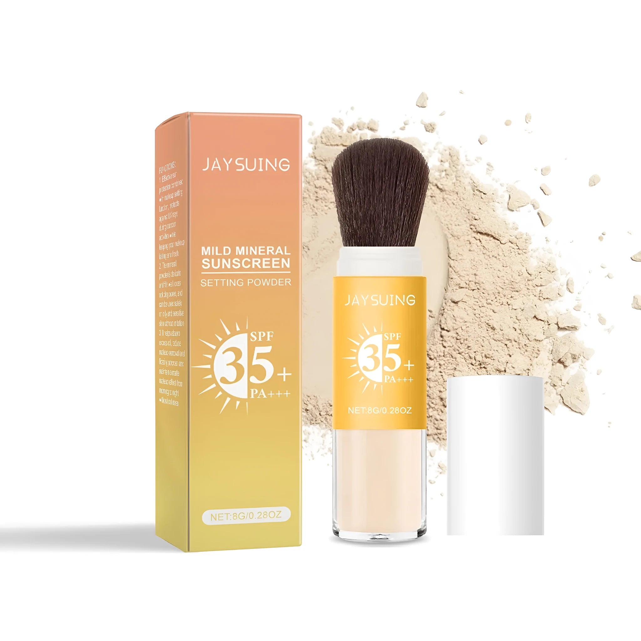 Open compact of white sunscreen setting powder with a puff, showing 8g net weight.