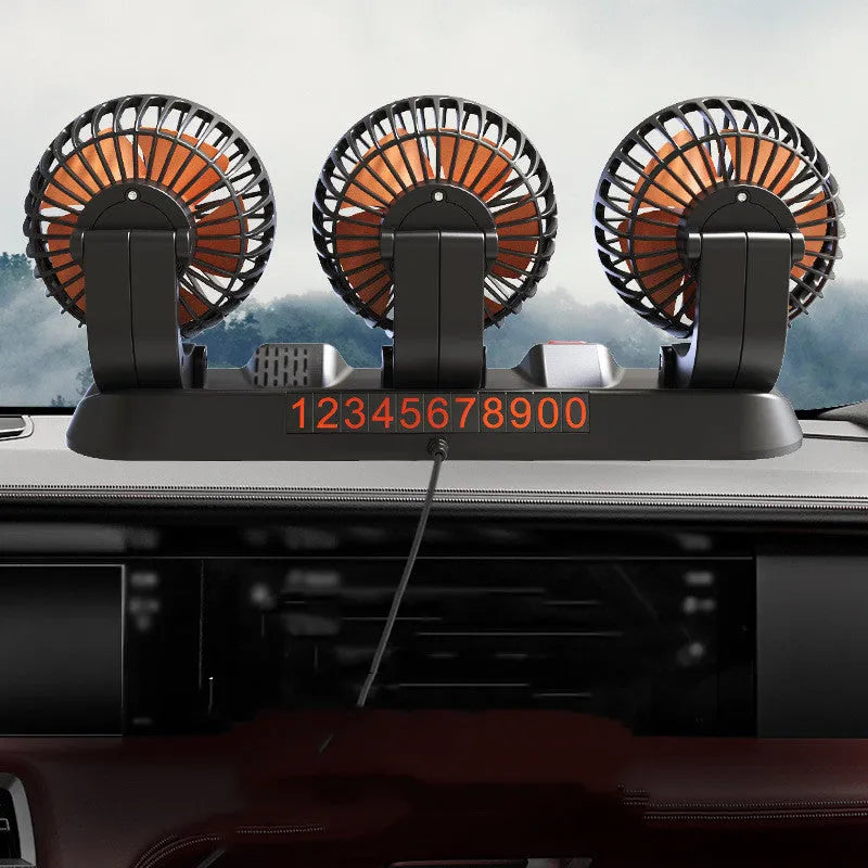 Black three head automotive electric fan with adjustable outlets and 1.3m power cable for vehicle cooling