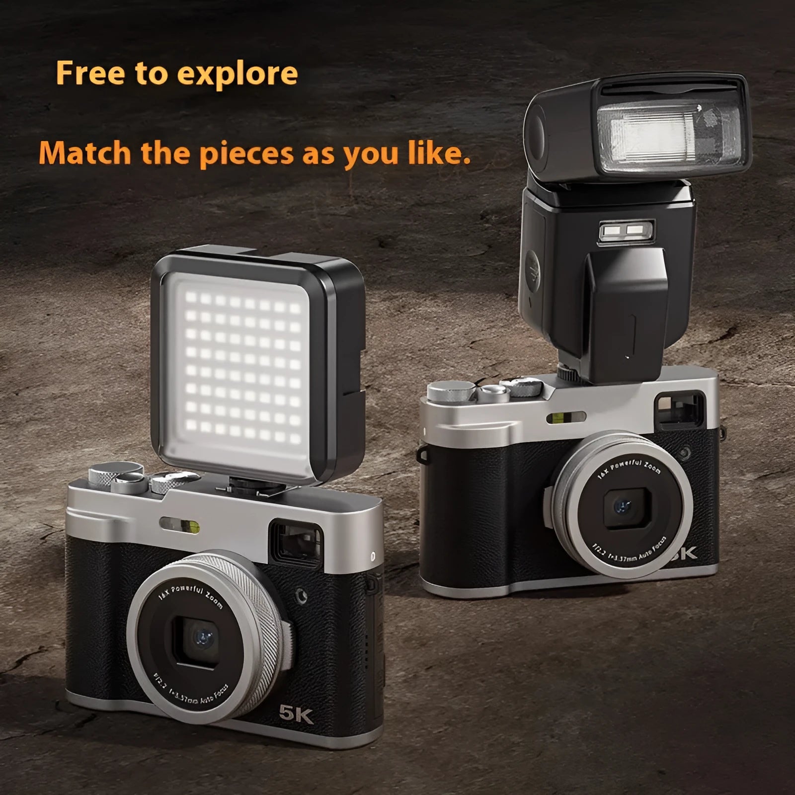 Black 5K digital camera with dual lenses and optical viewfinder displayed with accessories