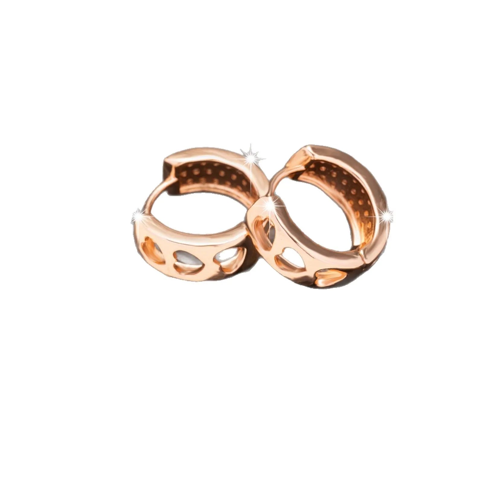 Rose gold electroplated women's earrings with hollowed-out heart design inside circular frame