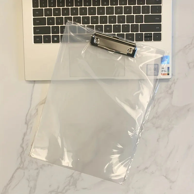 Transparent A4 plastic clipboard with metal clip in blue, green, red or white colour options
