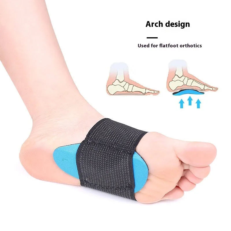 Blue elastic bandage arch support foot pads for flat feet, shown in adult and children sizes.
