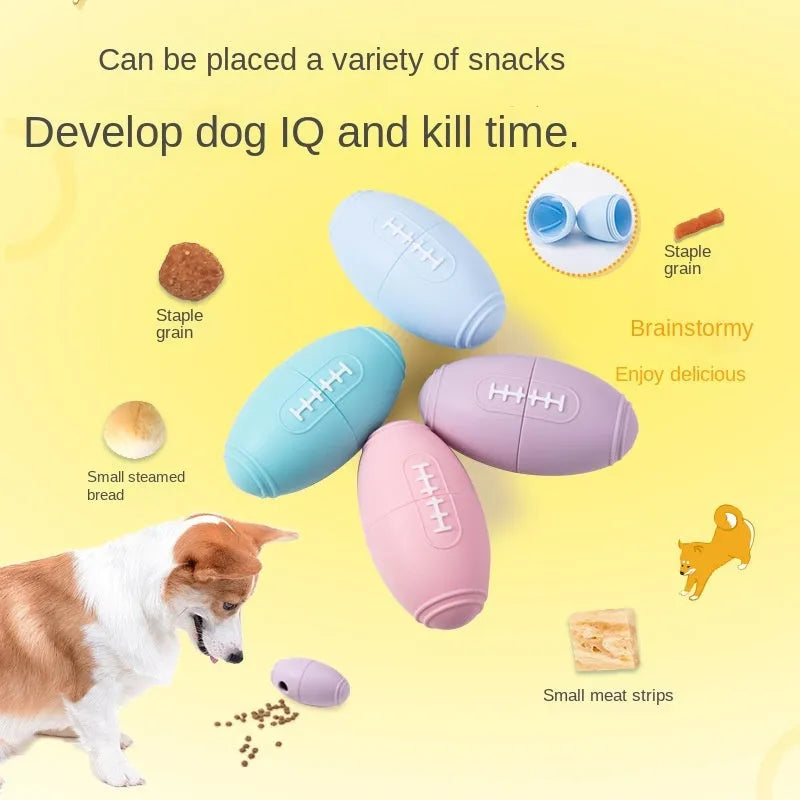 Silicone rugby-shaped dog toy with food leak hole, available in blue, light blue, pink, and purple.