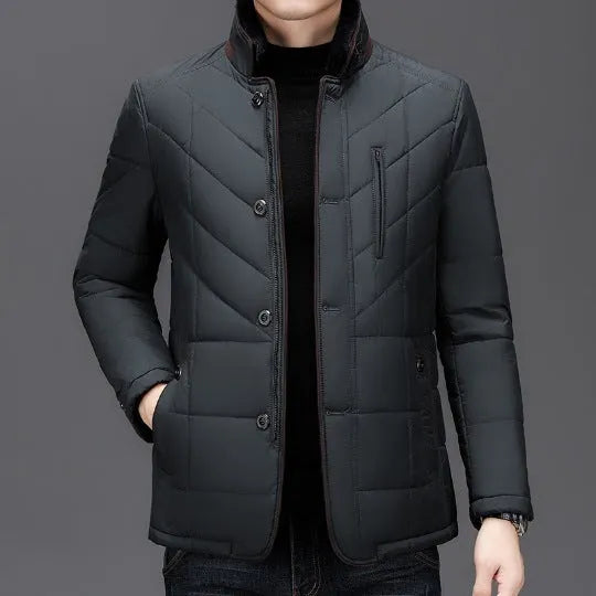 Men's solid colour winter coat with side seam pockets, shown in dark blue, wine red, and dark green.