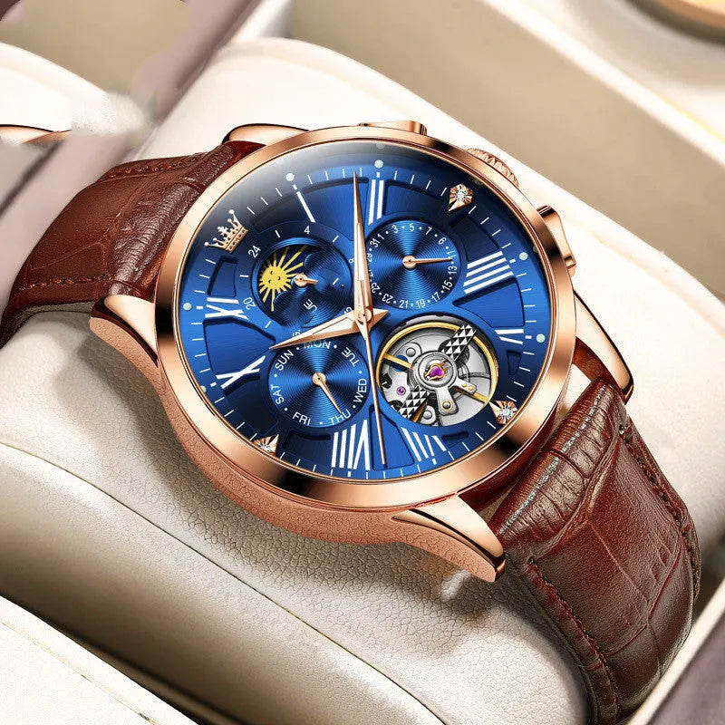 Men's automatic mechanical watch with 40.5mm case, genuine leather strap, stainless steel buckle, brown or black options