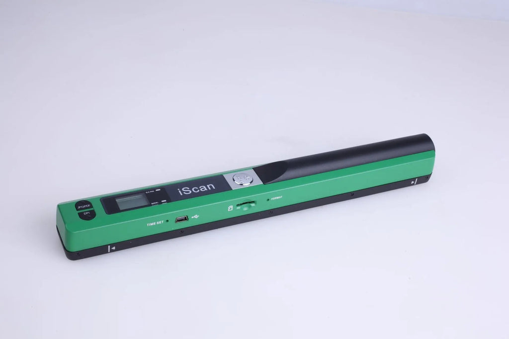 Handheld plastic barcode scanner shown in available black, blue, green, red, and silver colour options