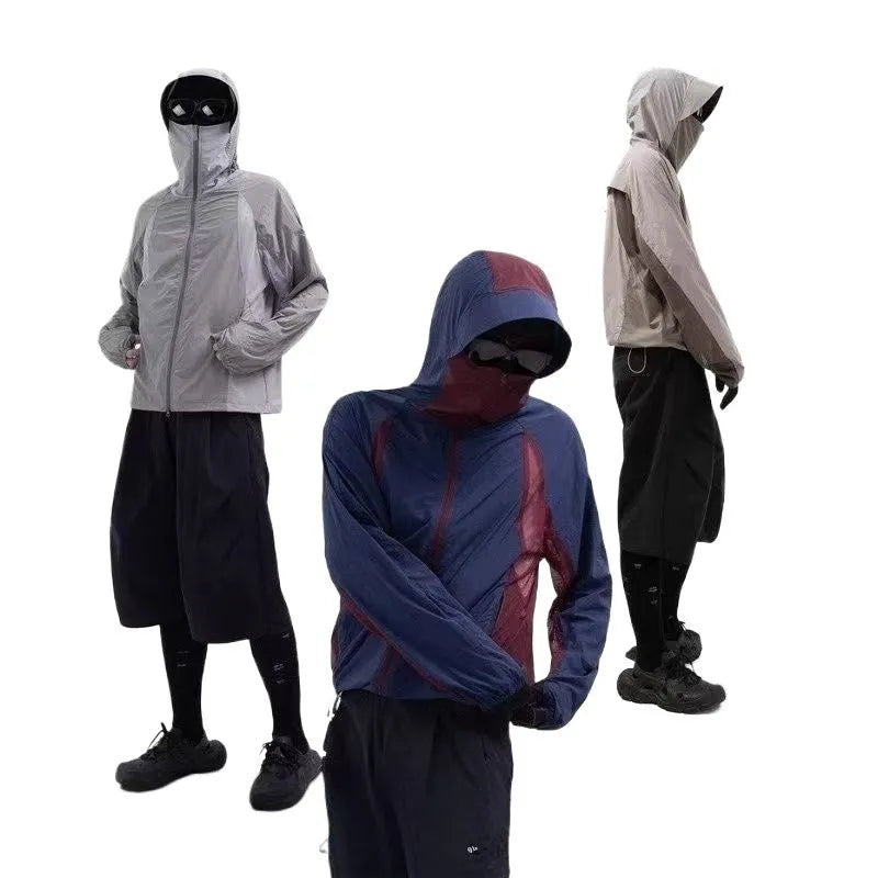 Mesh-stitched sun protective clothing in desert brown, light grey, red or blue.