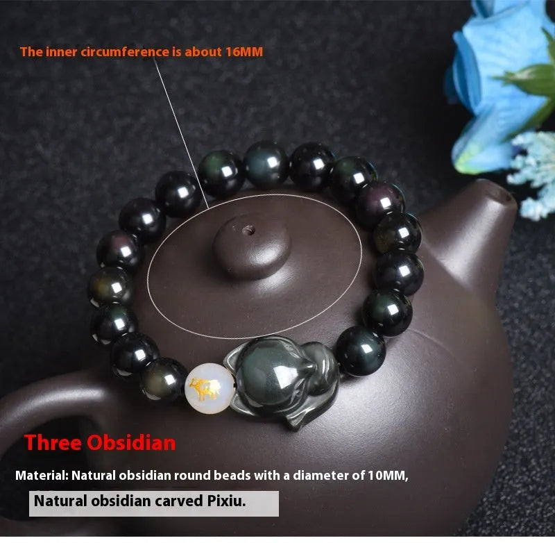 Obsidian national style bracelet with 10mm beads in three style variations