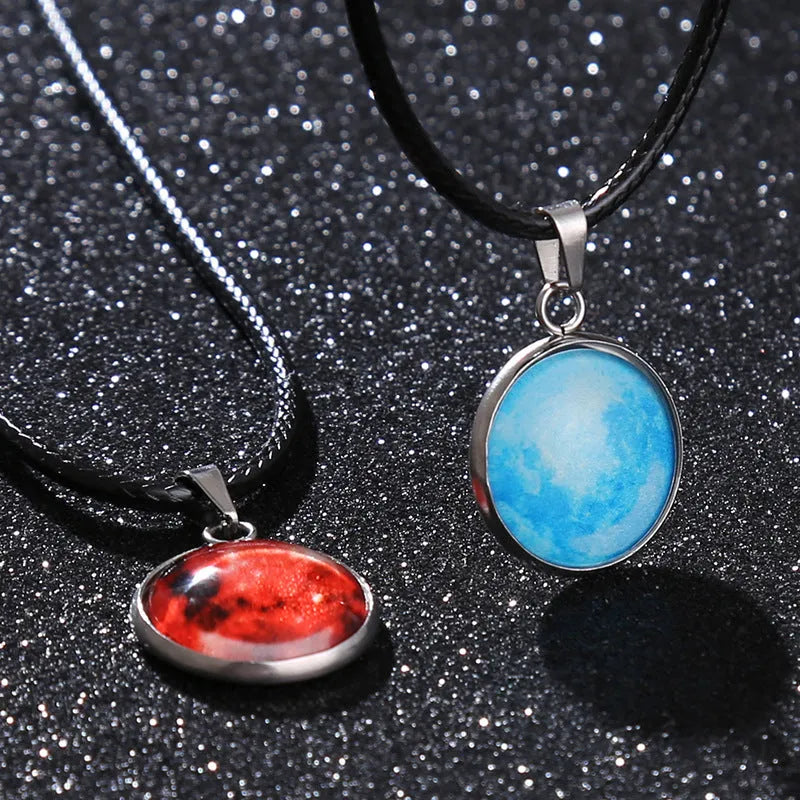 Luminous moon and night sky constellation pendant necklace on an alloy chain, simple unisex style.