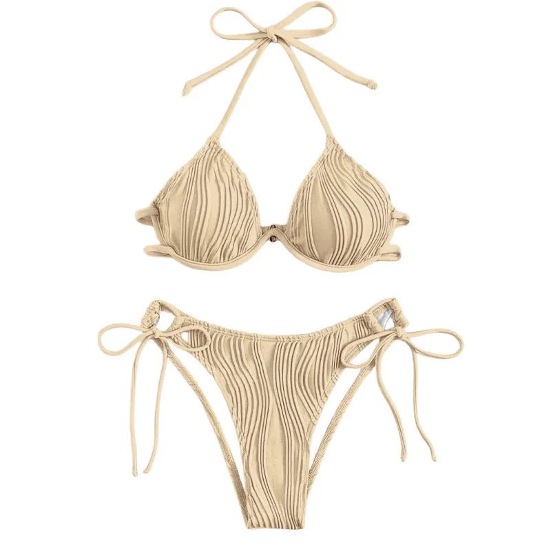 Women's black bikini swimsuit with a silver steel bracket detail on the top.