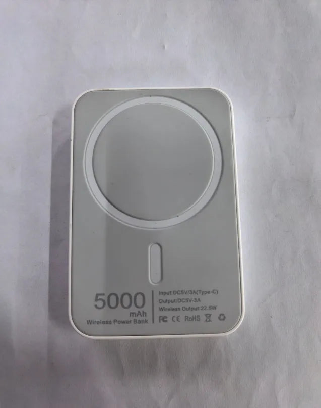 Magnetic wireless charger power bank in white colour showing 5000mAh capacity and compact dimensions