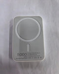 Magnetic wireless charger power bank in white colour showing 5000mAh capacity and compact dimensions