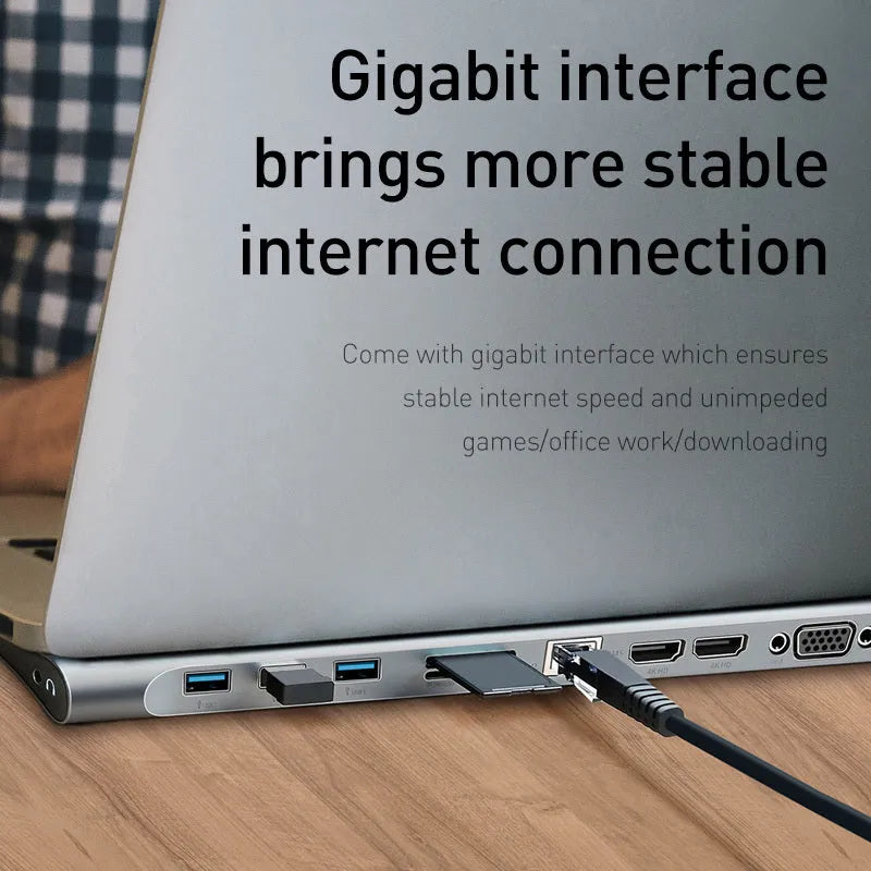 Grey aluminium 10-port docking station hub with cooling bracket for HDMI 4K and USB connectivity
