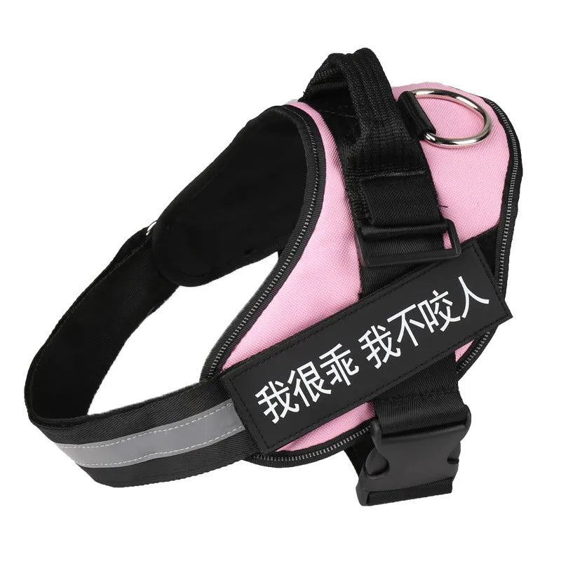 Personalized no-pull dog harness in black with reflective straps and adjustable chest strap