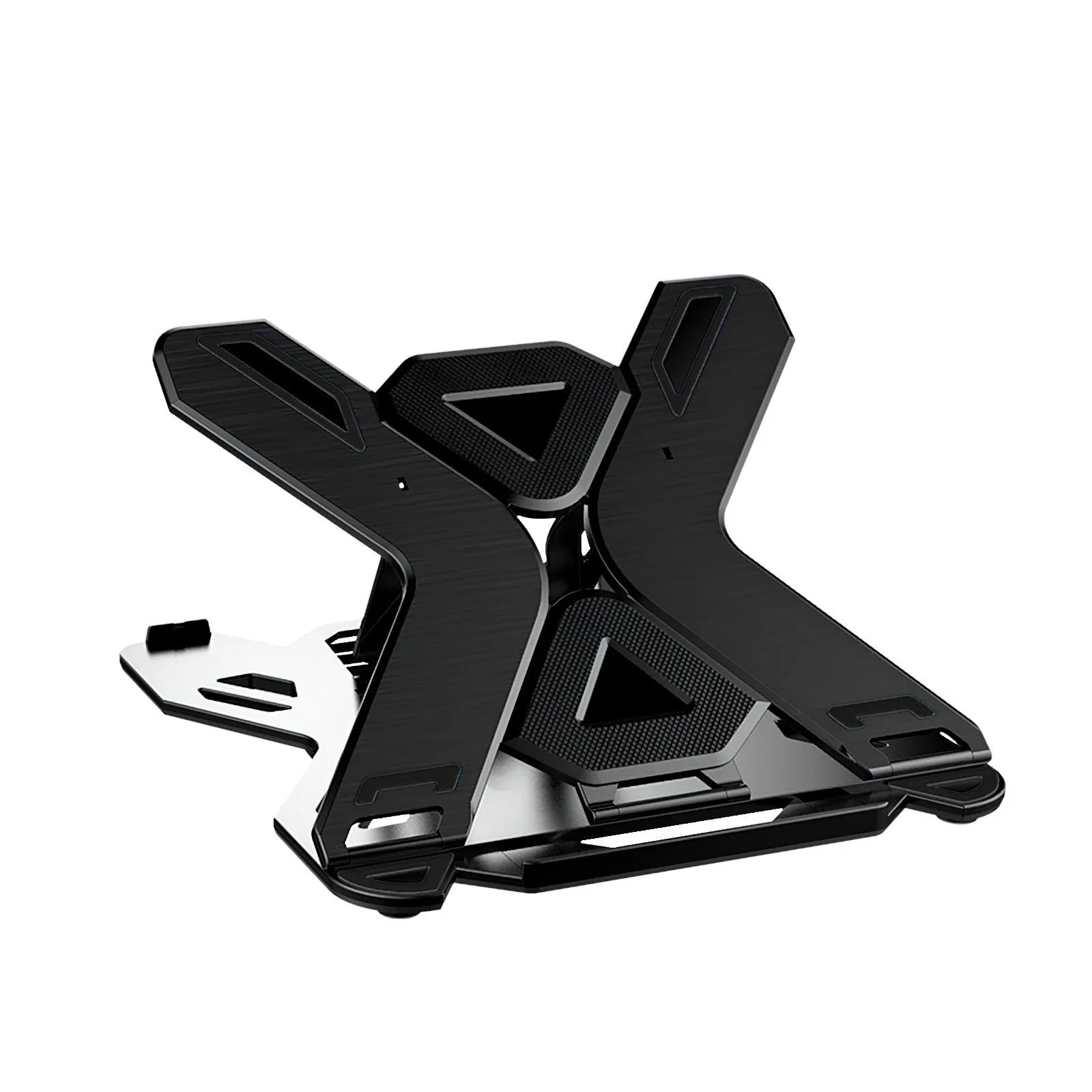 Black and white laptop bracket stand on a desk, showing its 300mm by 200mm size and low profile.