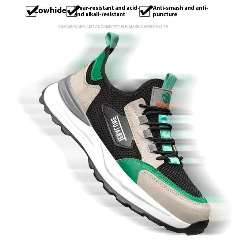 Black green plastic steel toe safety overshoes with large mesh panels and low-top design