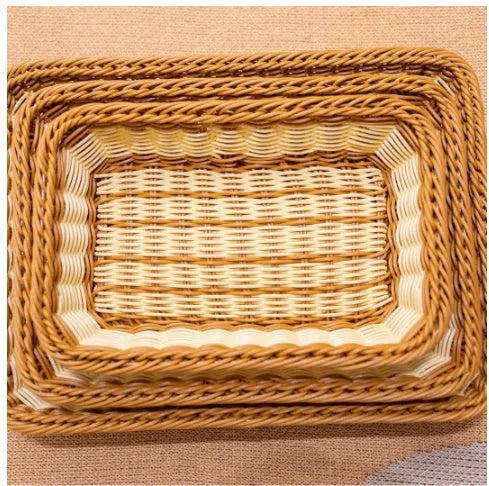 Plastic woven PP storage basket, 50x40x7cm, in beige brown coffee or mixed colour for snacks and produce.