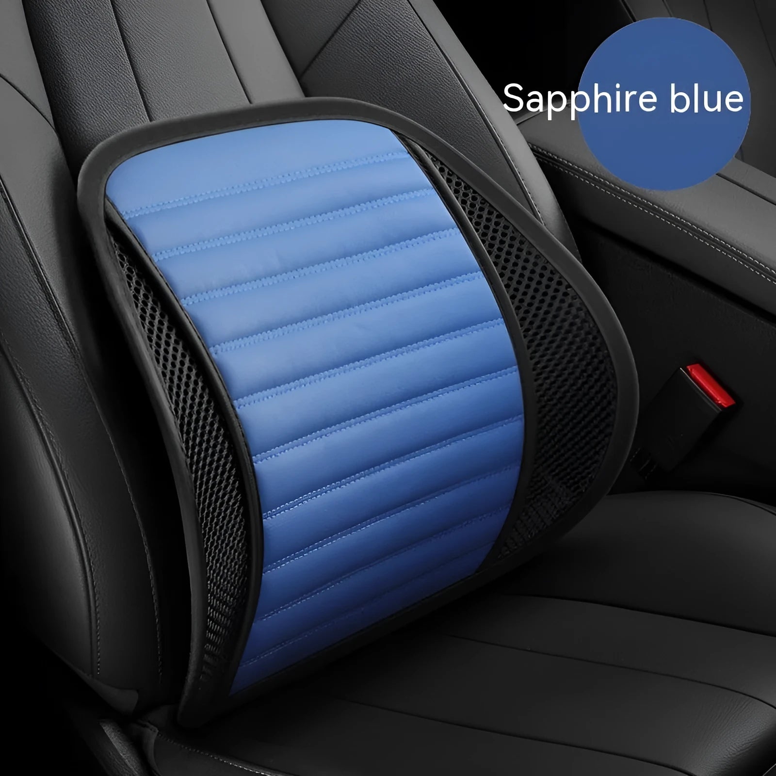 Leather lumbar support cushion for car seats and office chairs shown in one of five colours: sapphire blue, amber brown, black, ivory, or pink.
