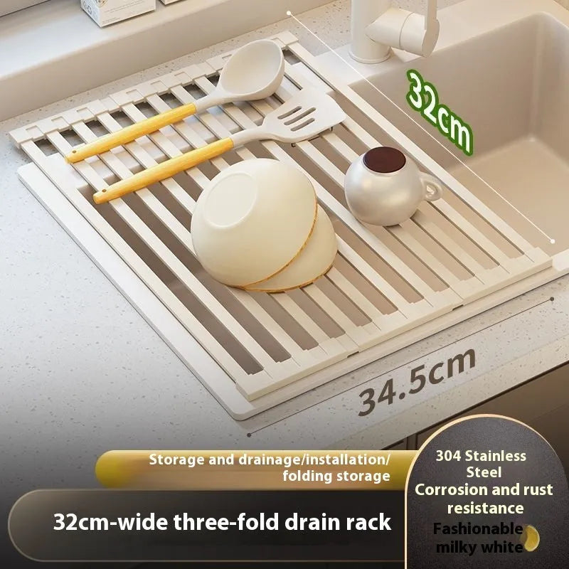 Milky white foldable stainless steel kitchen draining rack over a sink.