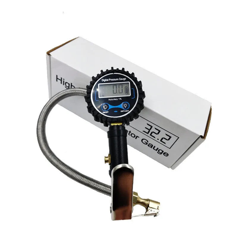 Digital tyre pressure gauge with metal braided hose and silver inflation gun, 200/250 psi, black and silver