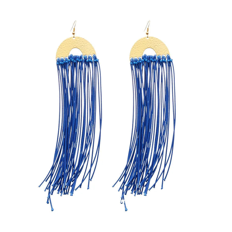Geometric cloth earrings with blue resin flower and silver needle colour details