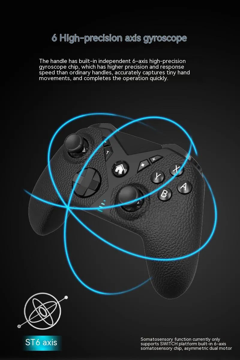 Black wireless game controller with leather-pattern grip for Nintendo Switch and PC.