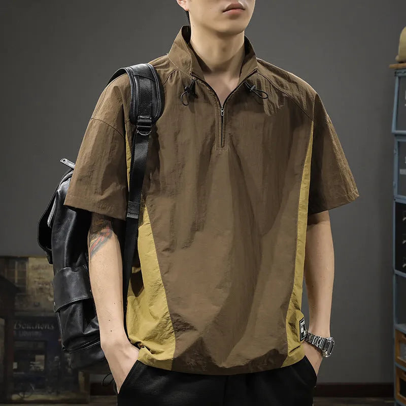 Brown men's casual short sleeve t-shirt with a half-zip stand collar, made from ice silk fabric.