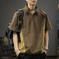 Brown men's casual short sleeve t-shirt with a half-zip stand collar, made from ice silk fabric.