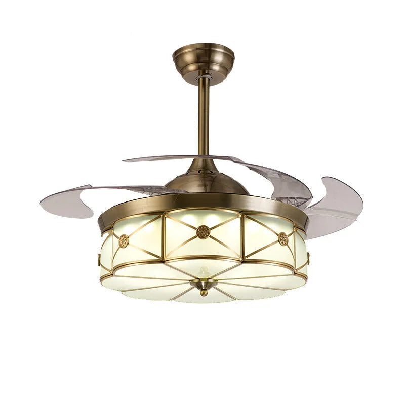 Gold 42 inch ceiling-mounted silent fan light with invisible blades and remote control.
