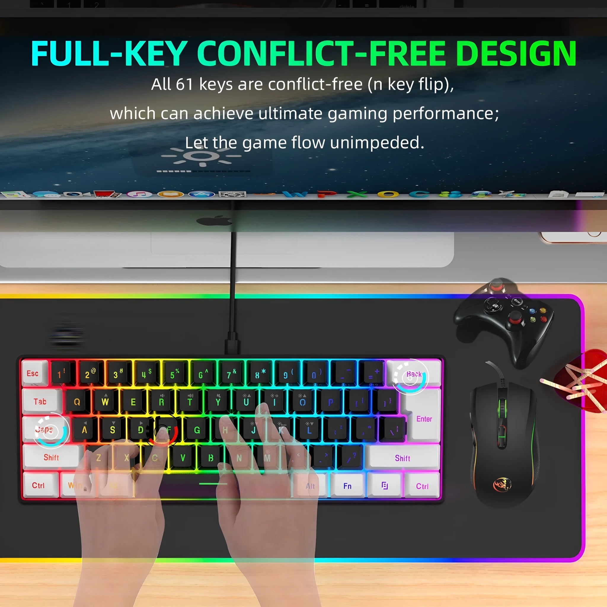 White and black V700WB A869 gaming keyboard and mouse combo with colour backlighting on a desk.