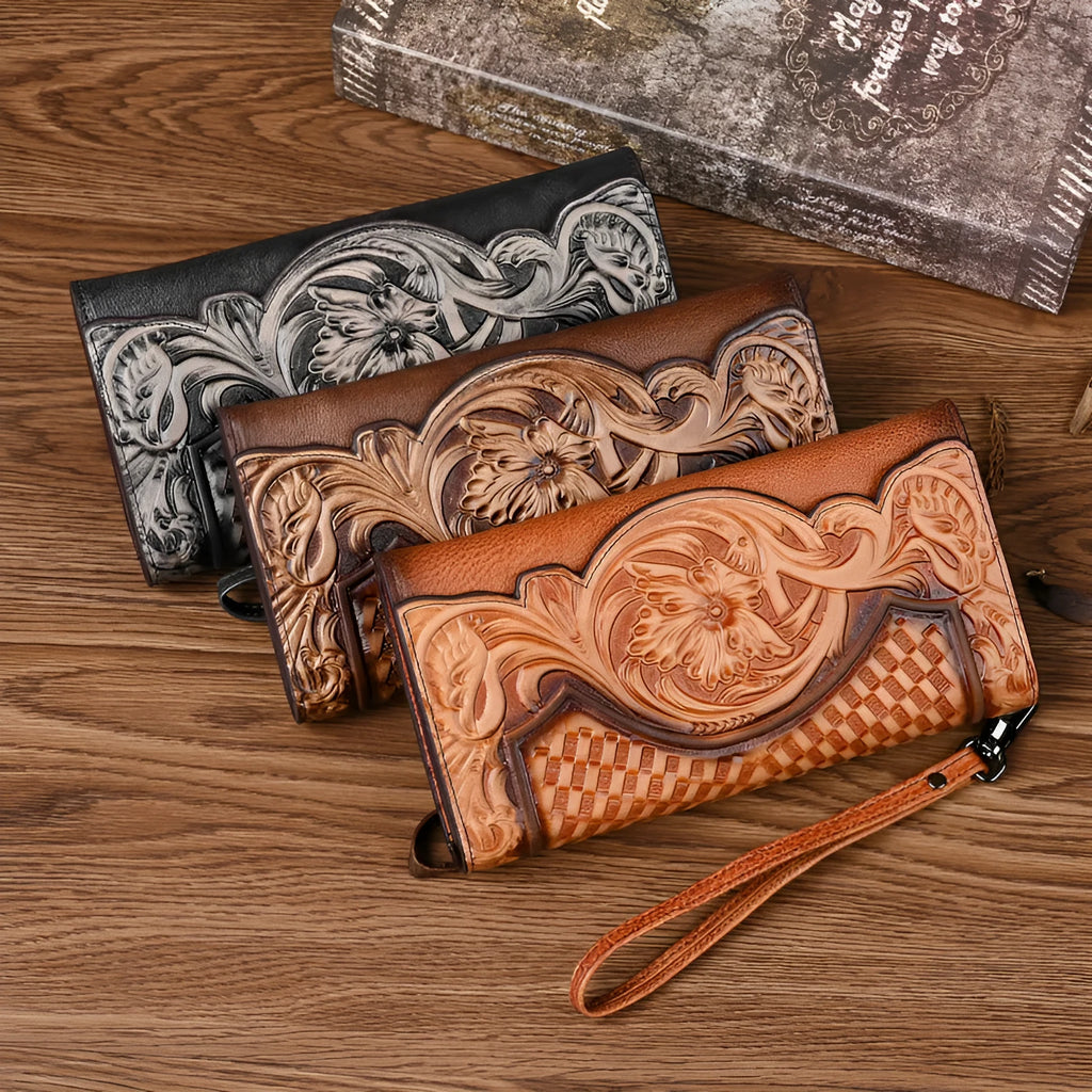 Women's tri-fold wallet with embossed floral pattern in retro brown colour, showing organisational compartments