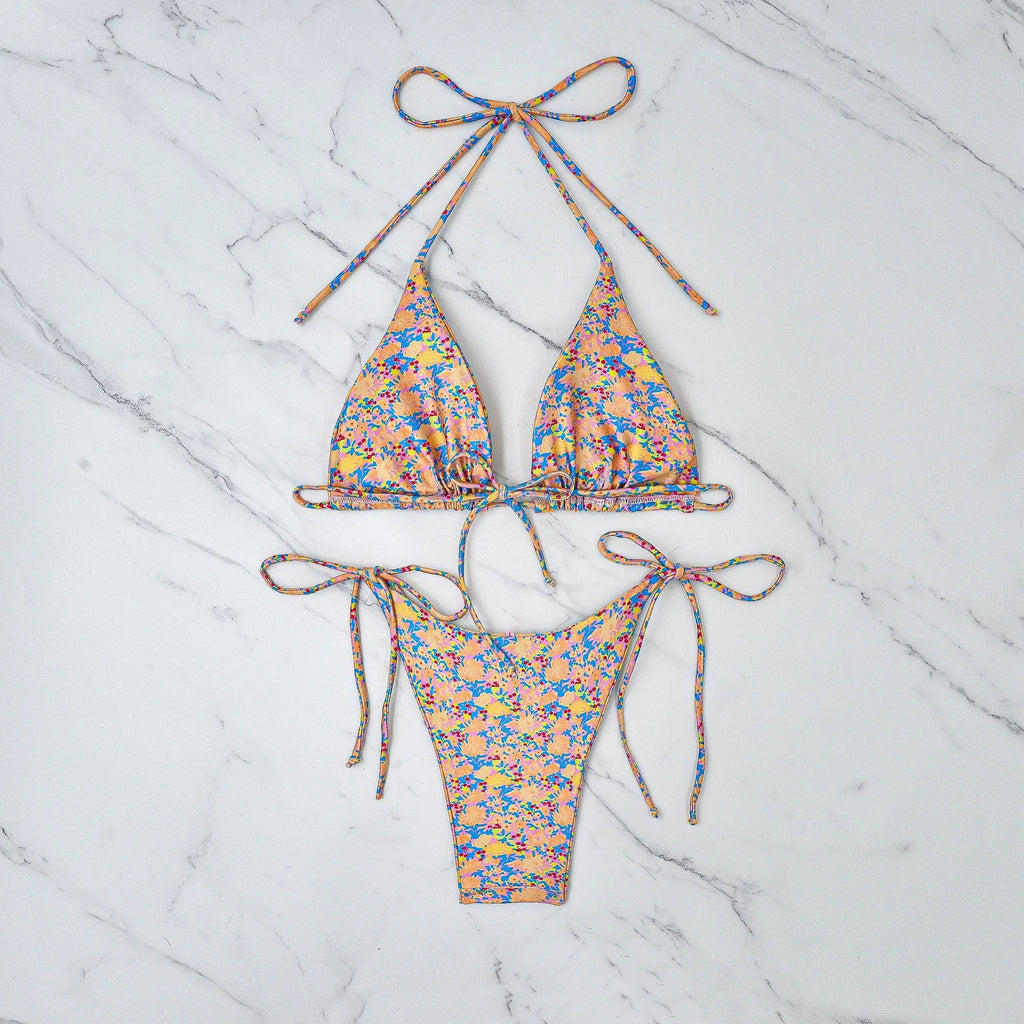 Lace-up bikini swimsuit set with sleeveless top and split briefs in polyester fabric