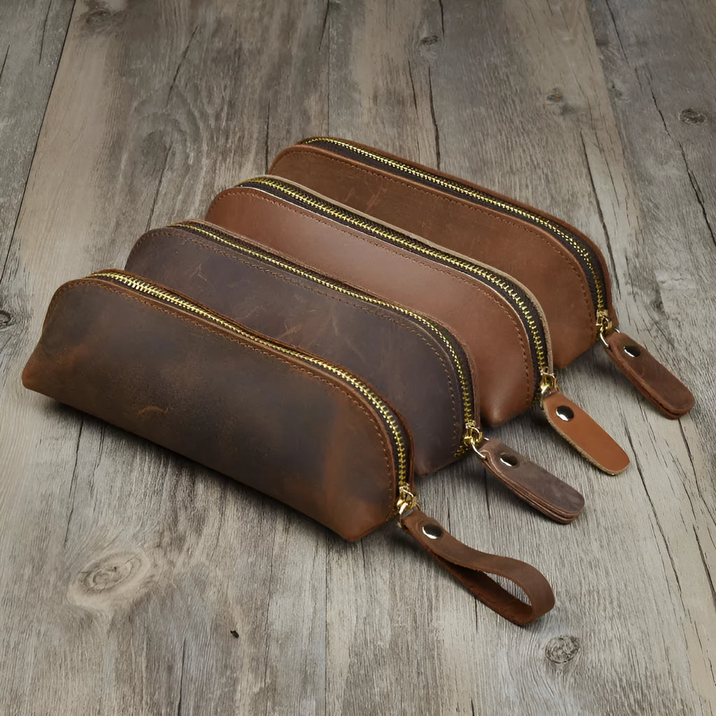 Handmade cowhide leather pencil and glasses case with zipper closure in square design