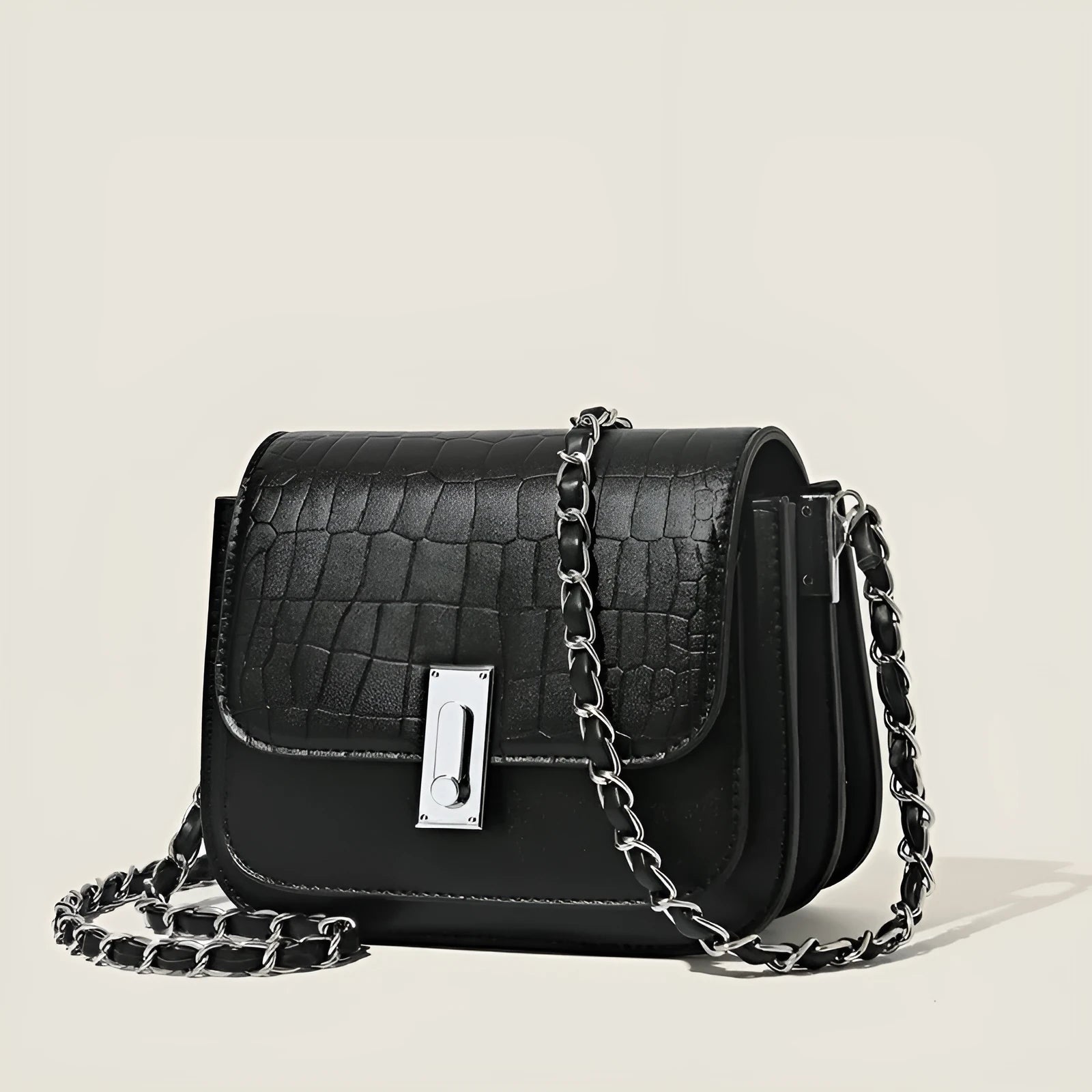 Soft PU crossbody shoulder bag in horizontal square shape with sewing thread detailing