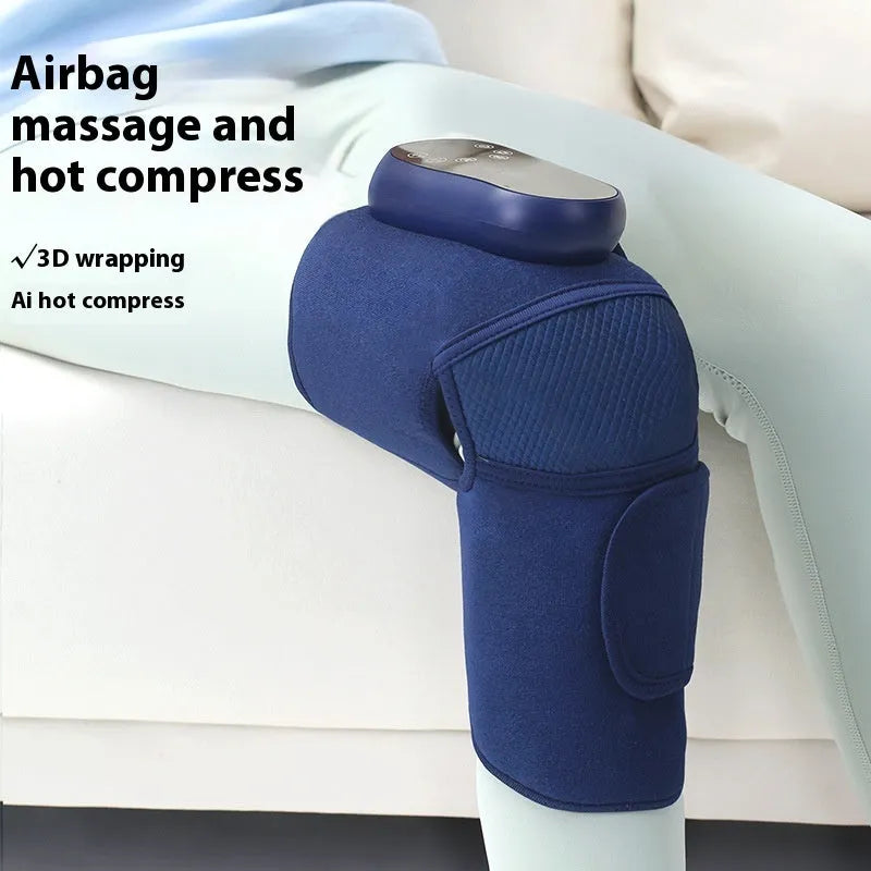 Blue airbag self-heating knee massager showing adjustable wrap and control unit.