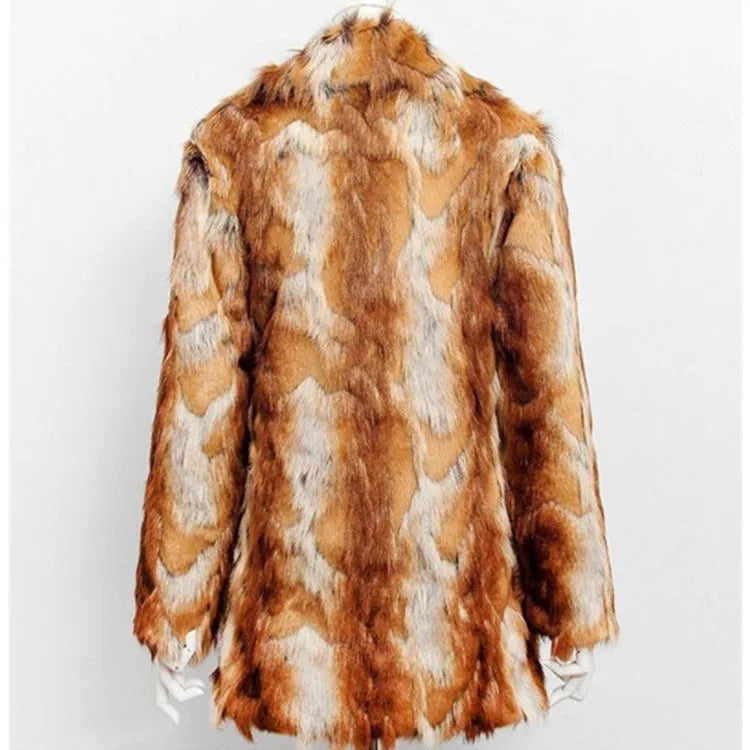 Women's slim faux fur leather jacket in a black and orange tiger pattern, showing long sleeves and medium length.