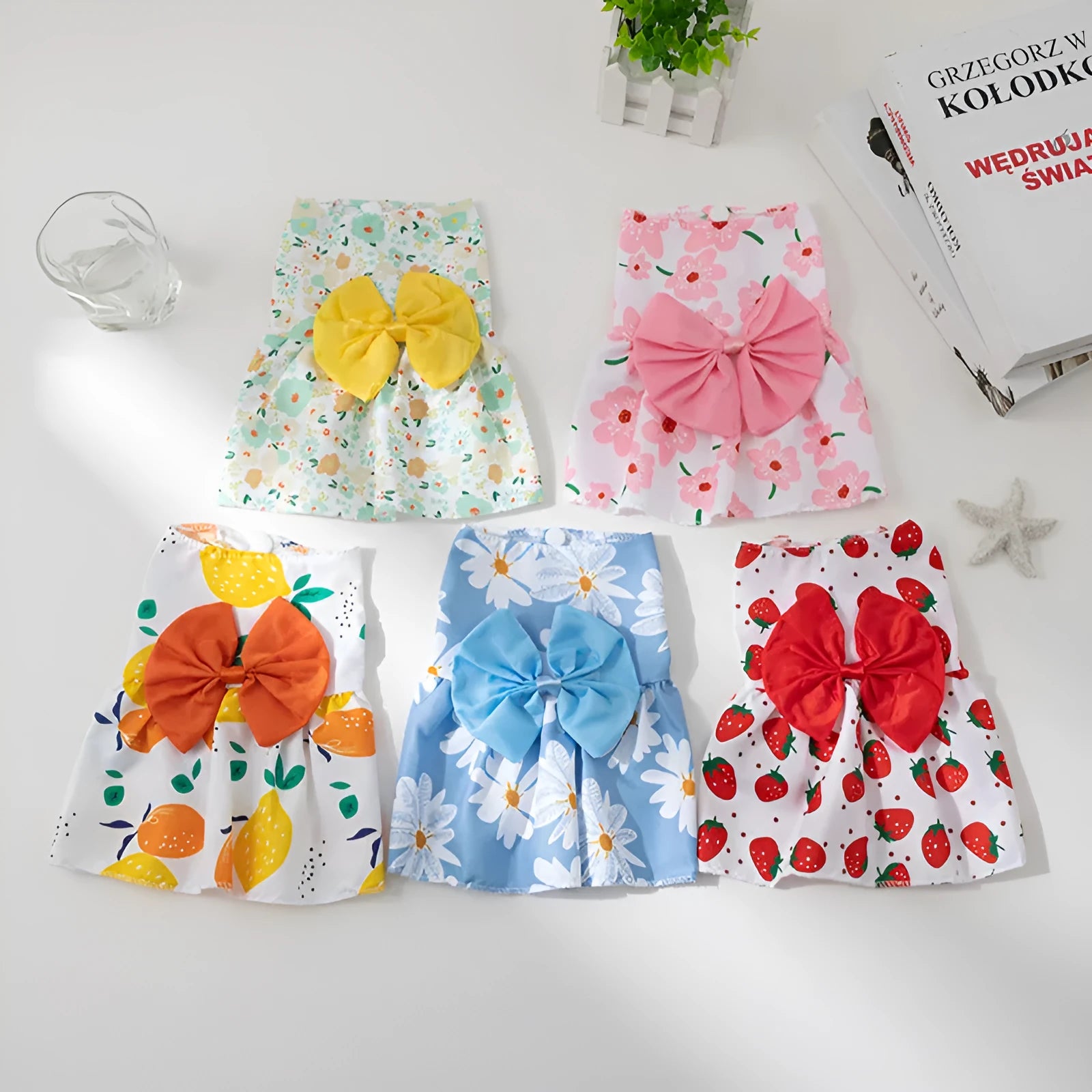 Floral butterfly knot polyester pet dress for dog or cat in blue bow colour