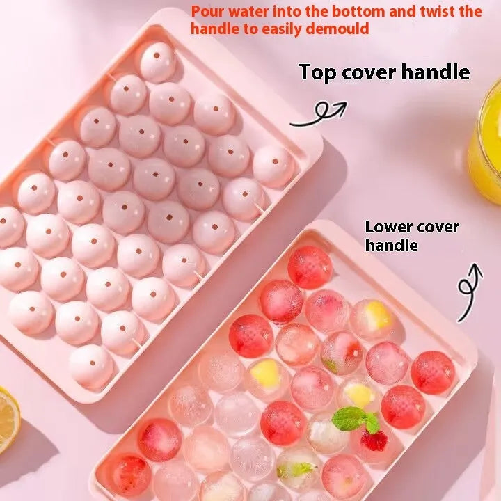 Blue silicone ice cube tray with lid showing 33 round grids for homemade ice
