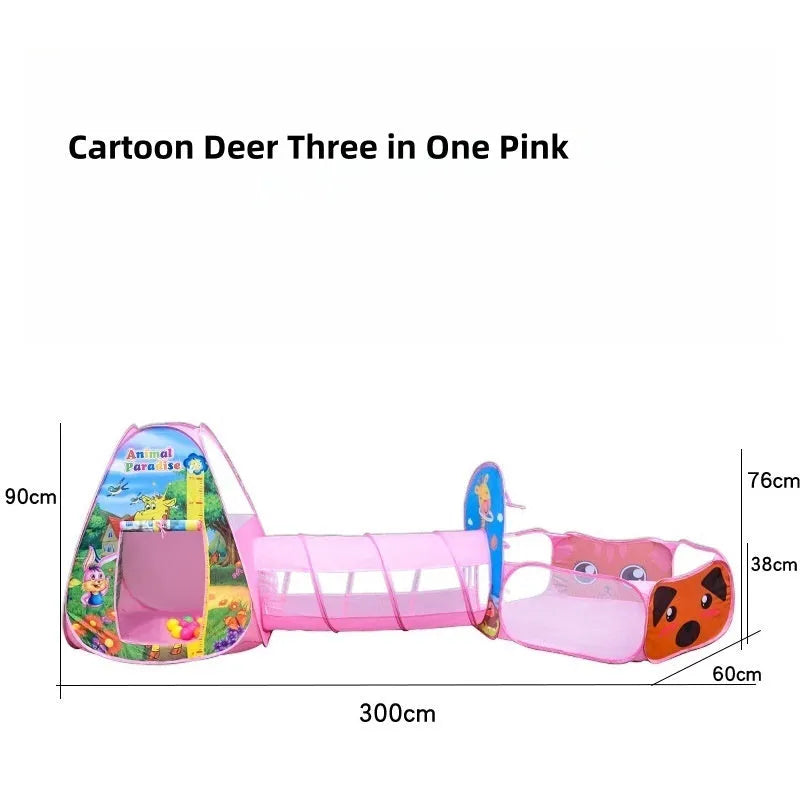 Colourful marine cartoon children's cloth tent with integrated ball pool and play tunnel.