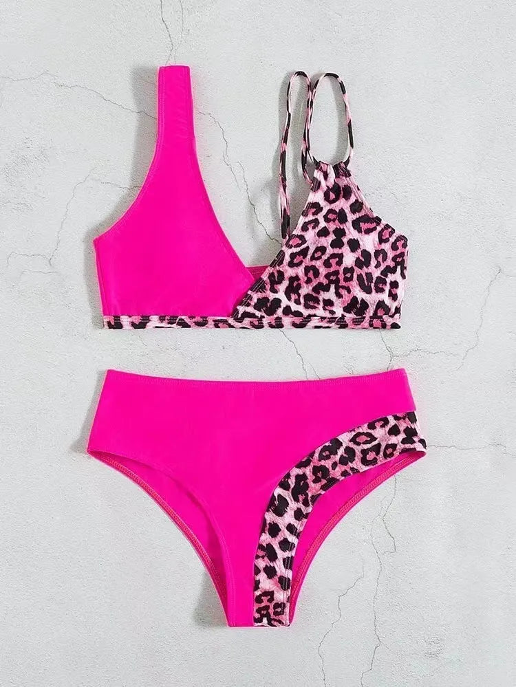 High waist bikini swimsuit with colour stitching in magenta black or blue polyester spandex for women