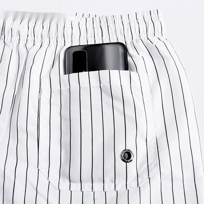 Men's white striped quick-drying beach pants with lining, loose plus size, sizes M to XXXL