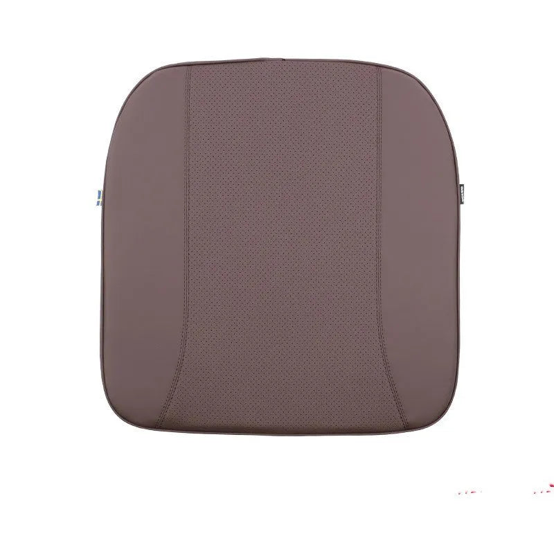 Minimalist brown car headrest with integrated neck pillow and lumbar support cushion.