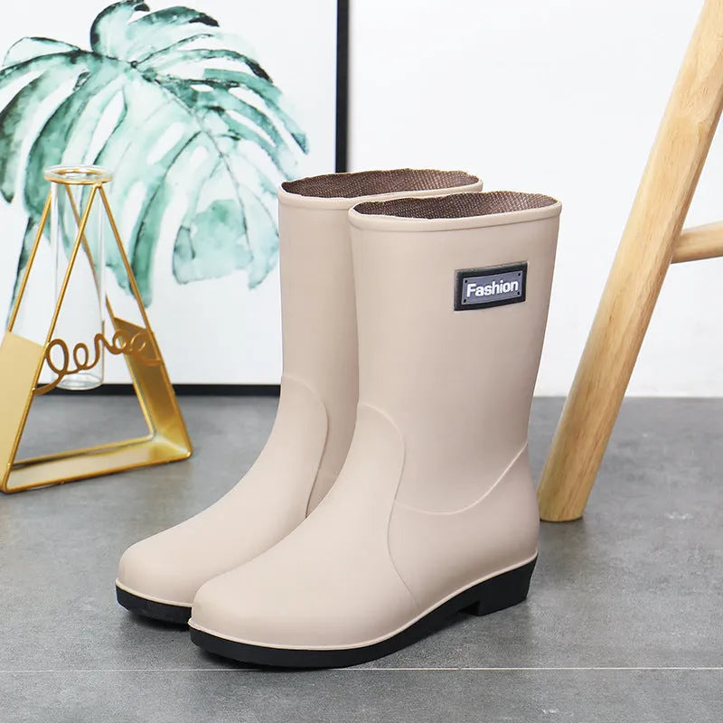 Women's mid-calf rain boots in black and brown with low heel and warm lining options