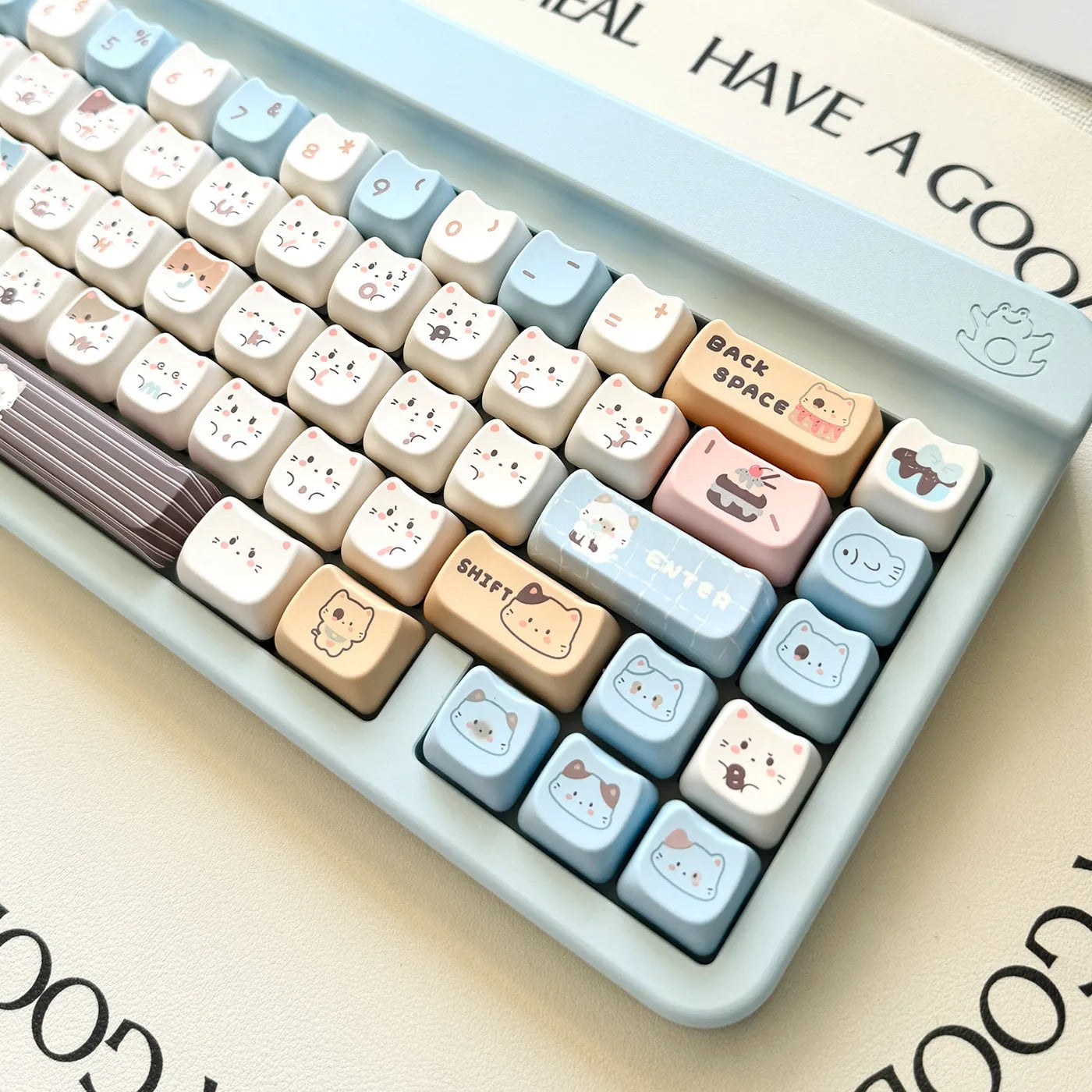 Sea salt cat themed PBT mechanical keyboard keycap set with March 7u spacebar supplement