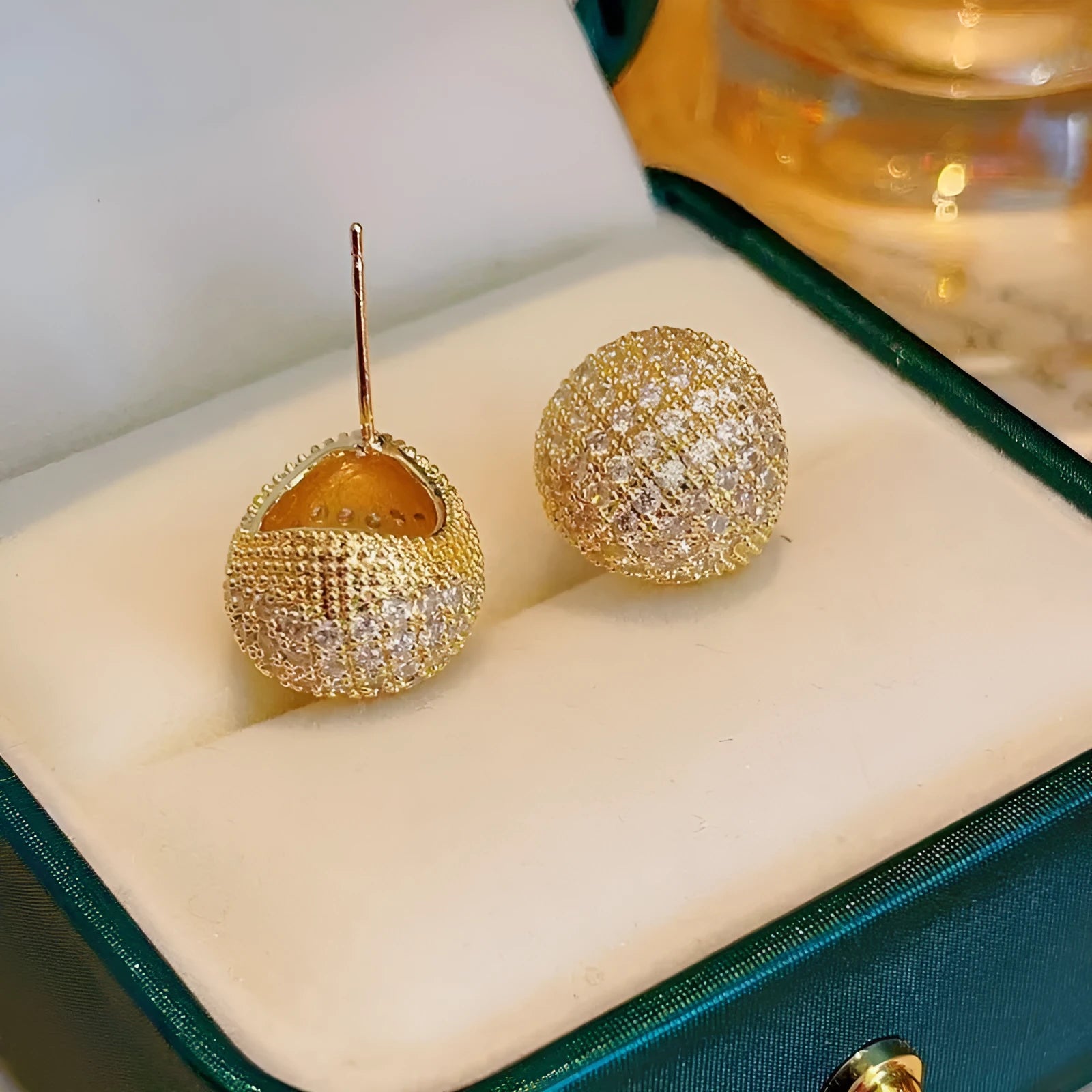 Little golden beans ear clip earrings with full diamond geometric droplet design