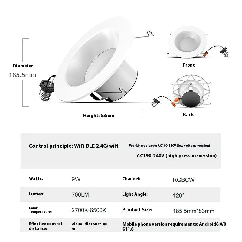Smart WiFi Bluetooth RGBW colour changing ceiling lamp with E26 cap and aluminium housing.
