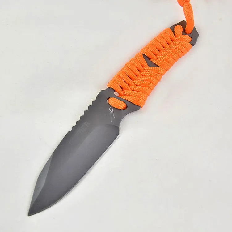 Outdoor camping rope knife with 80mm 5Cr15 steel blade, binding rope handle, and ABS sheath